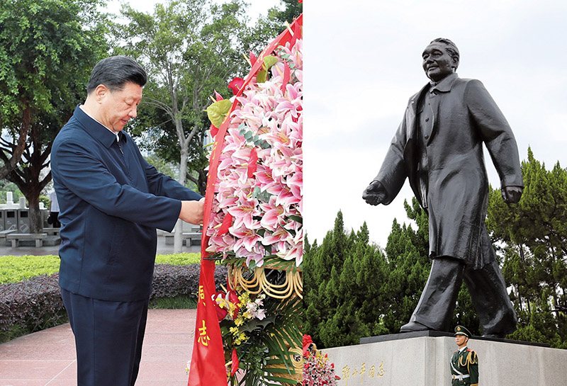 2020年10月14日,，習(xí)近平總書記向深圳蓮花山公園鄧小平同志銅像敬獻花籃。