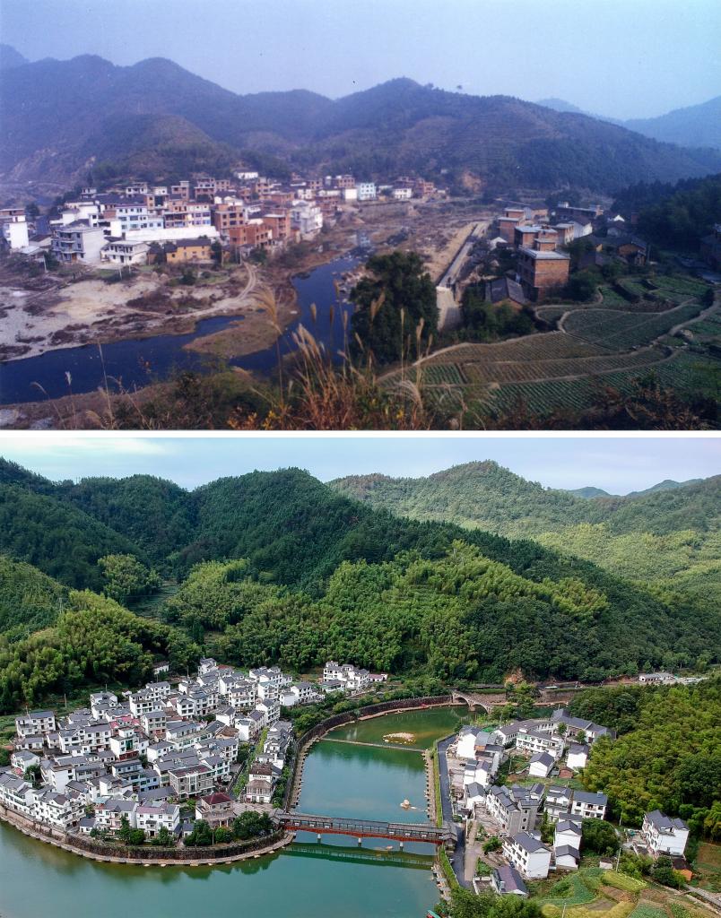 圖為浙江省杭州市淳安縣楓樹嶺鎮(zhèn)下姜村拼版圖,，其中上圖為資料照片,、下圖由新華社記者張鋮攝。